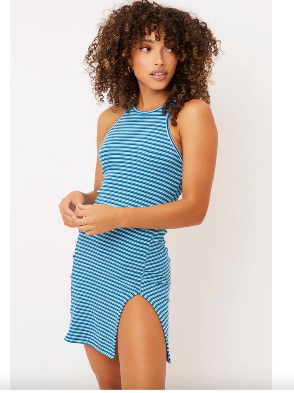 Frankies Bikinis Remi Terry Dress Small Blue Stripe Halter Mini Cover Up